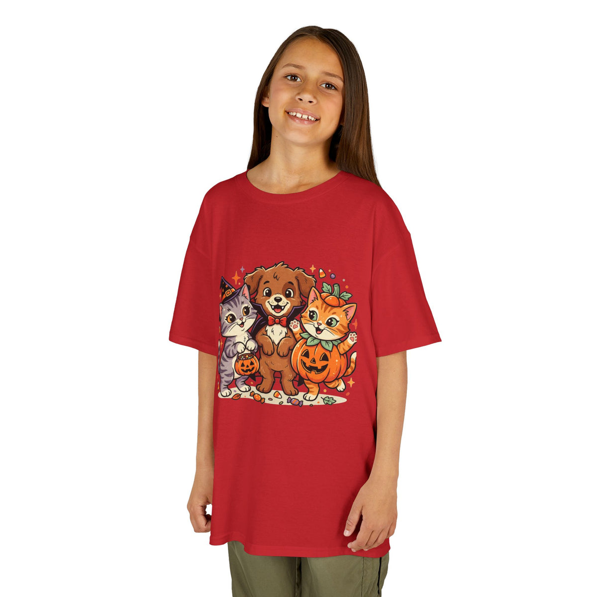 Kids Halloween Pets T‑Shirt — Cute Puppy, Cat & Pumpkin Costume Tee