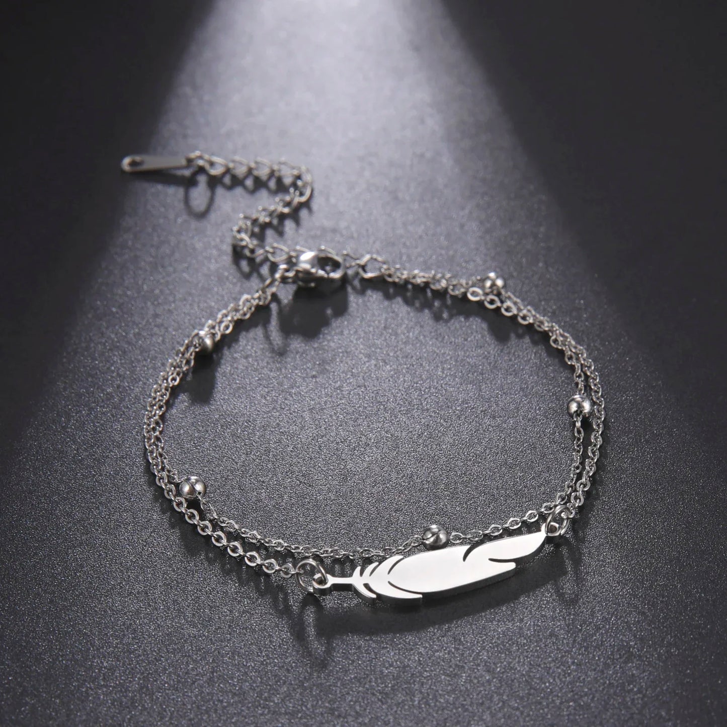 Simple Feather Stainless Steel Double Layer Bead Chain Ankle Anklets