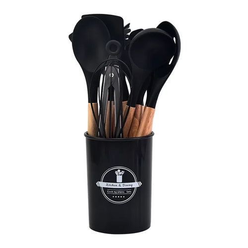 12Pcs Silicone Kitchen Utensils Cooking Wooden Handle Non Stick Pot