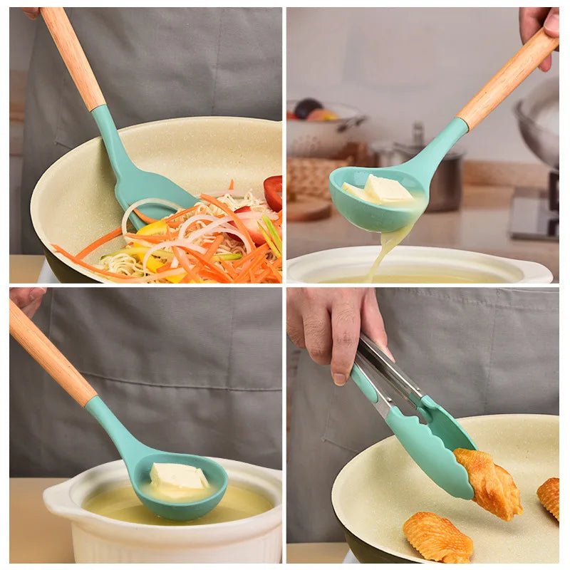 12Pcs Silicone Kitchen Utensils Cooking Wooden Handle Non Stick Pot