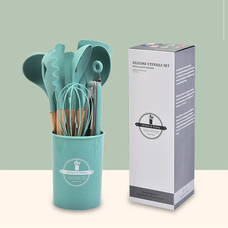 12Pcs Silicone Kitchen Utensils Cooking Wooden Handle Non Stick Pot