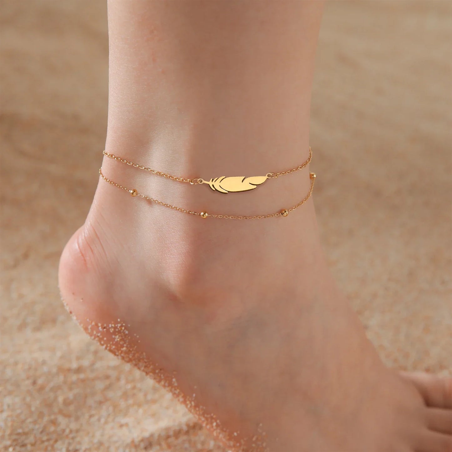 Simple Feather Stainless Steel Double Layer Bead Chain Ankle Anklets