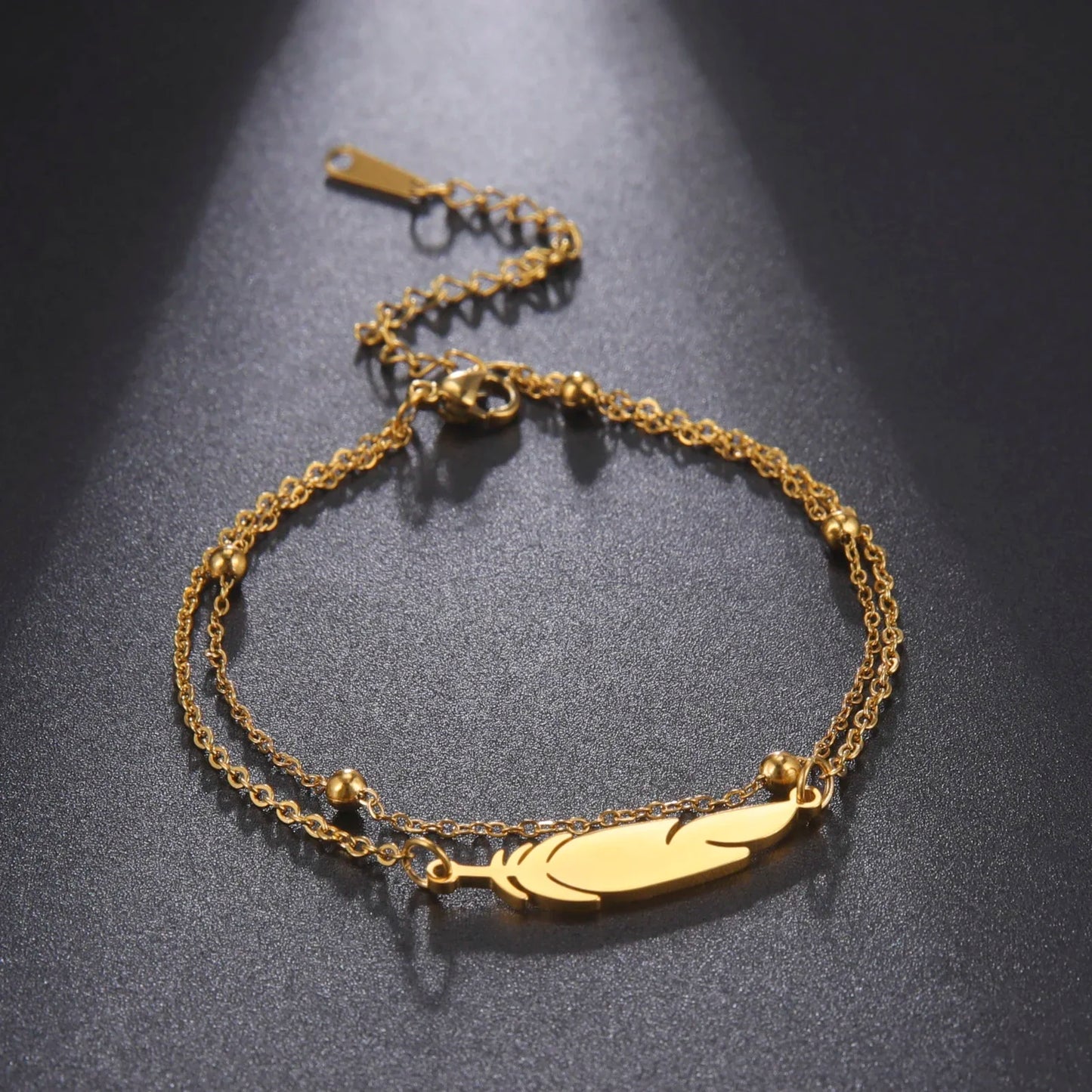 Simple Feather Stainless Steel Double Layer Bead Chain Ankle Anklets
