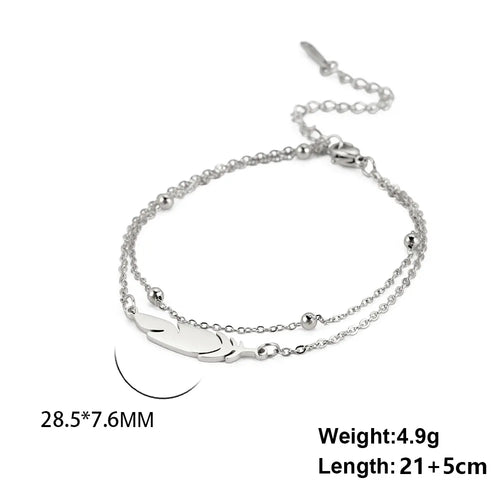 Simple Feather Stainless Steel Double Layer Bead Chain Ankle Anklets