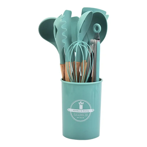12Pcs Silicone Kitchen Utensils Cooking Wooden Handle Non Stick Pot