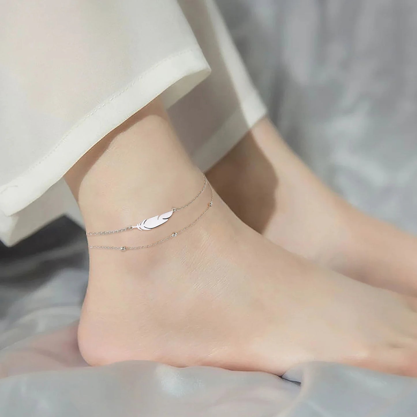 Simple Feather Stainless Steel Double Layer Bead Chain Ankle Anklets