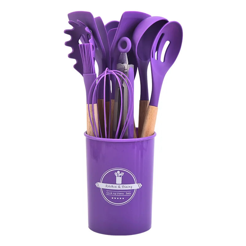 12Pcs Silicone Kitchen Utensils Cooking Wooden Handle Non Stick Pot