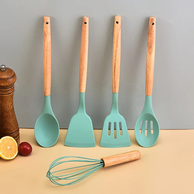 12Pcs Silicone Kitchen Utensils Cooking Wooden Handle Non Stick Pot