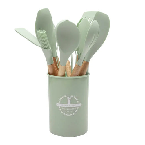 12Pcs Silicone Kitchen Utensils Cooking Wooden Handle Non Stick Pot