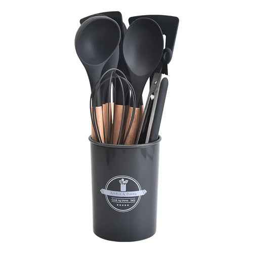 12Pcs Silicone Kitchen Utensils Cooking Wooden Handle Non Stick Pot