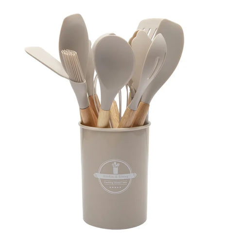 12Pcs Silicone Kitchen Utensils Cooking Wooden Handle Non Stick Pot