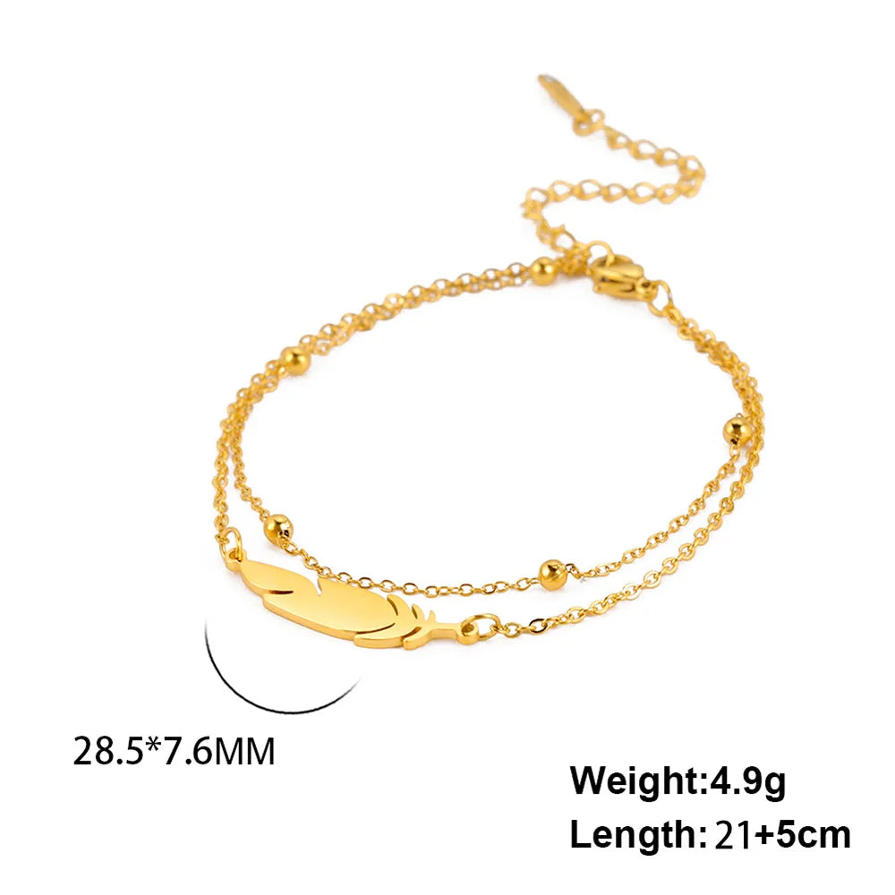 Simple Feather Stainless Steel Double Layer Bead Chain Ankle Anklets