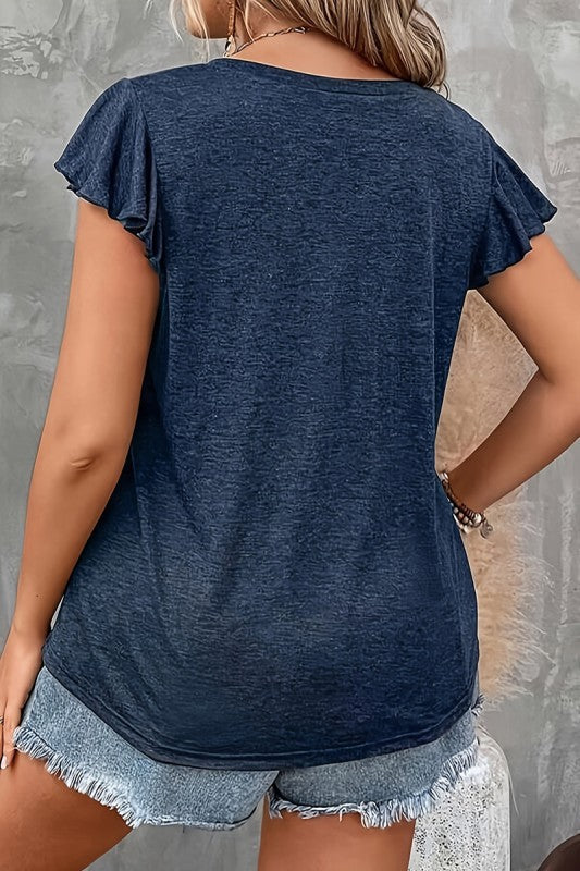 Plus Solid V Neck Ruffle Ruched Fit Top