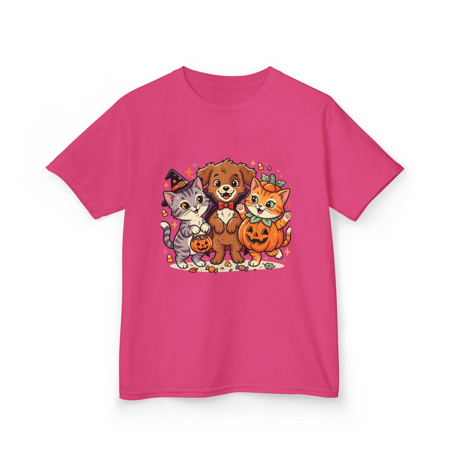 Kids Halloween Pets T‑Shirt — Cute Puppy, Cat & Pumpkin Costume Tee