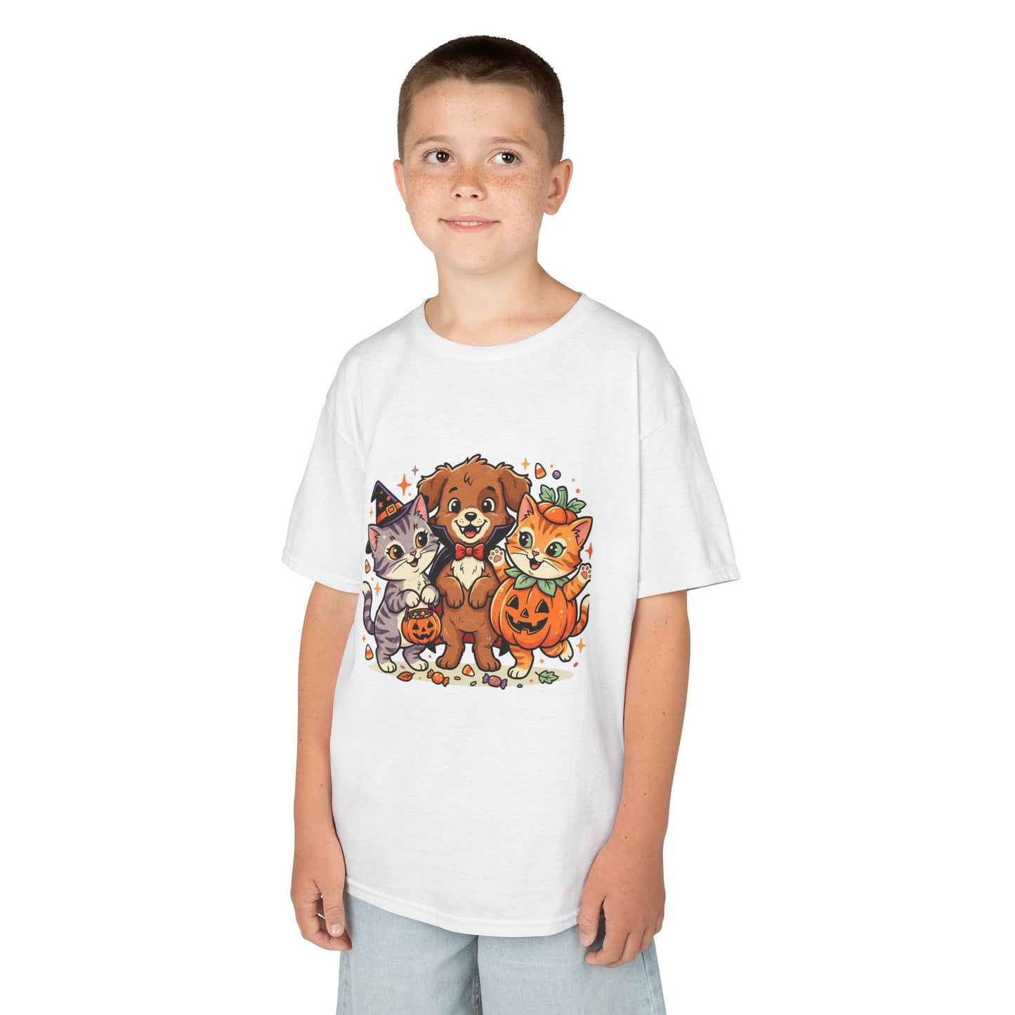 Kids Halloween Pets T‑Shirt — Cute Puppy, Cat & Pumpkin Costume Tee