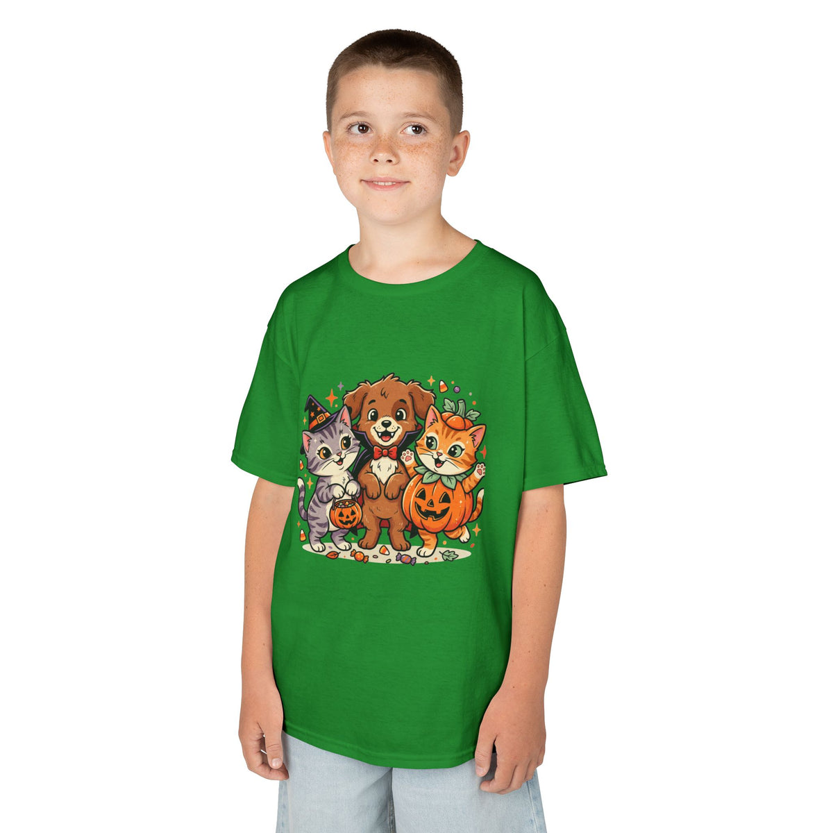Kids Halloween Pets T‑Shirt — Cute Puppy, Cat & Pumpkin Costume Tee