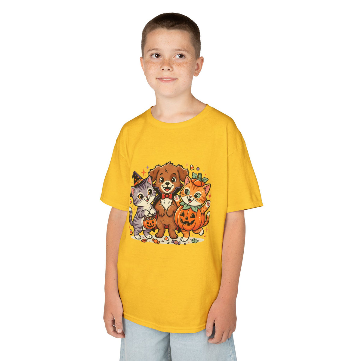 Kids Halloween Pets T‑Shirt — Cute Puppy, Cat & Pumpkin Costume Tee