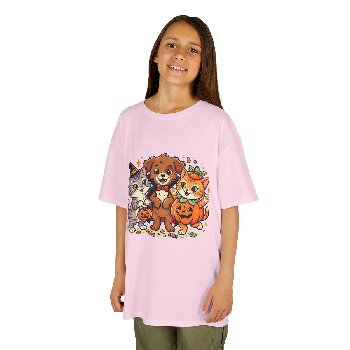 Kids Halloween Pets T‑Shirt — Cute Puppy, Cat & Pumpkin Costume Tee