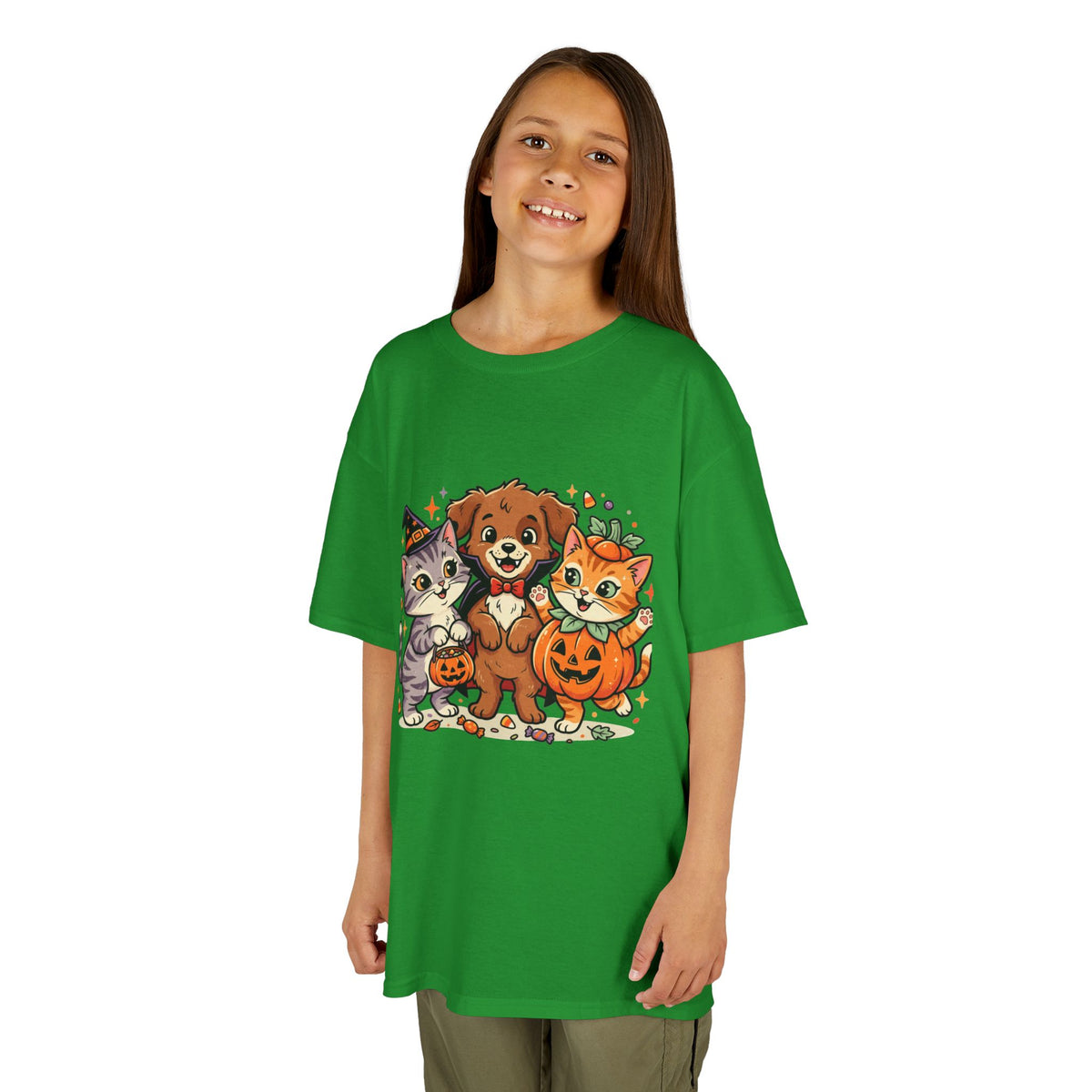 Kids Halloween Pets T‑Shirt — Cute Puppy, Cat & Pumpkin Costume Tee