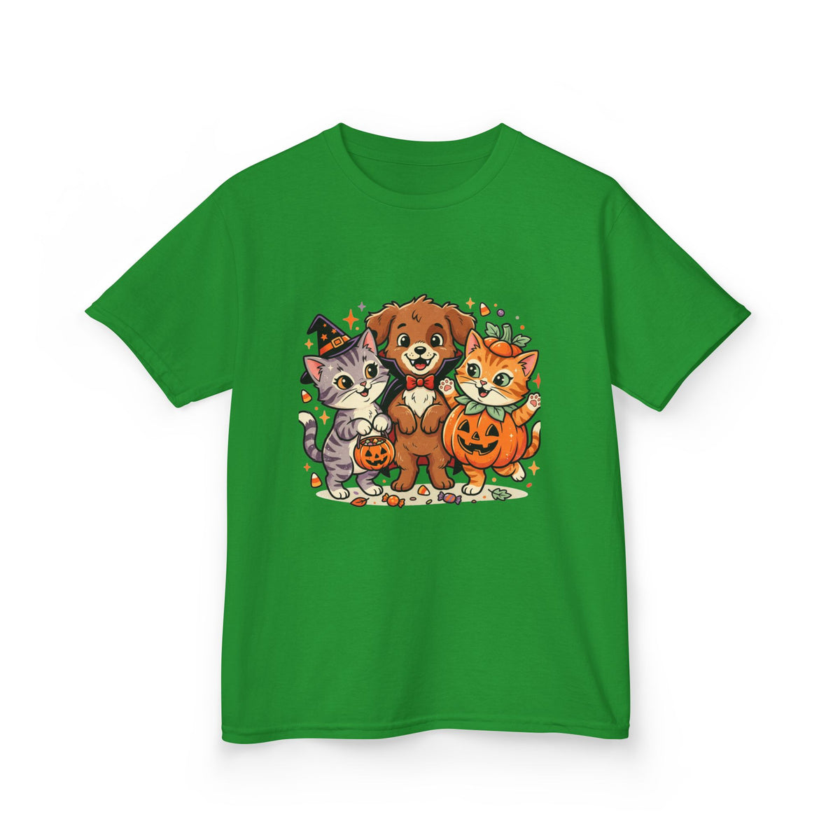 Kids Halloween Pets T‑Shirt — Cute Puppy, Cat & Pumpkin Costume Tee