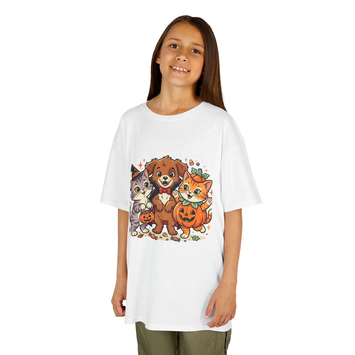 Kids Halloween Pets T‑Shirt — Cute Puppy, Cat & Pumpkin Costume Tee
