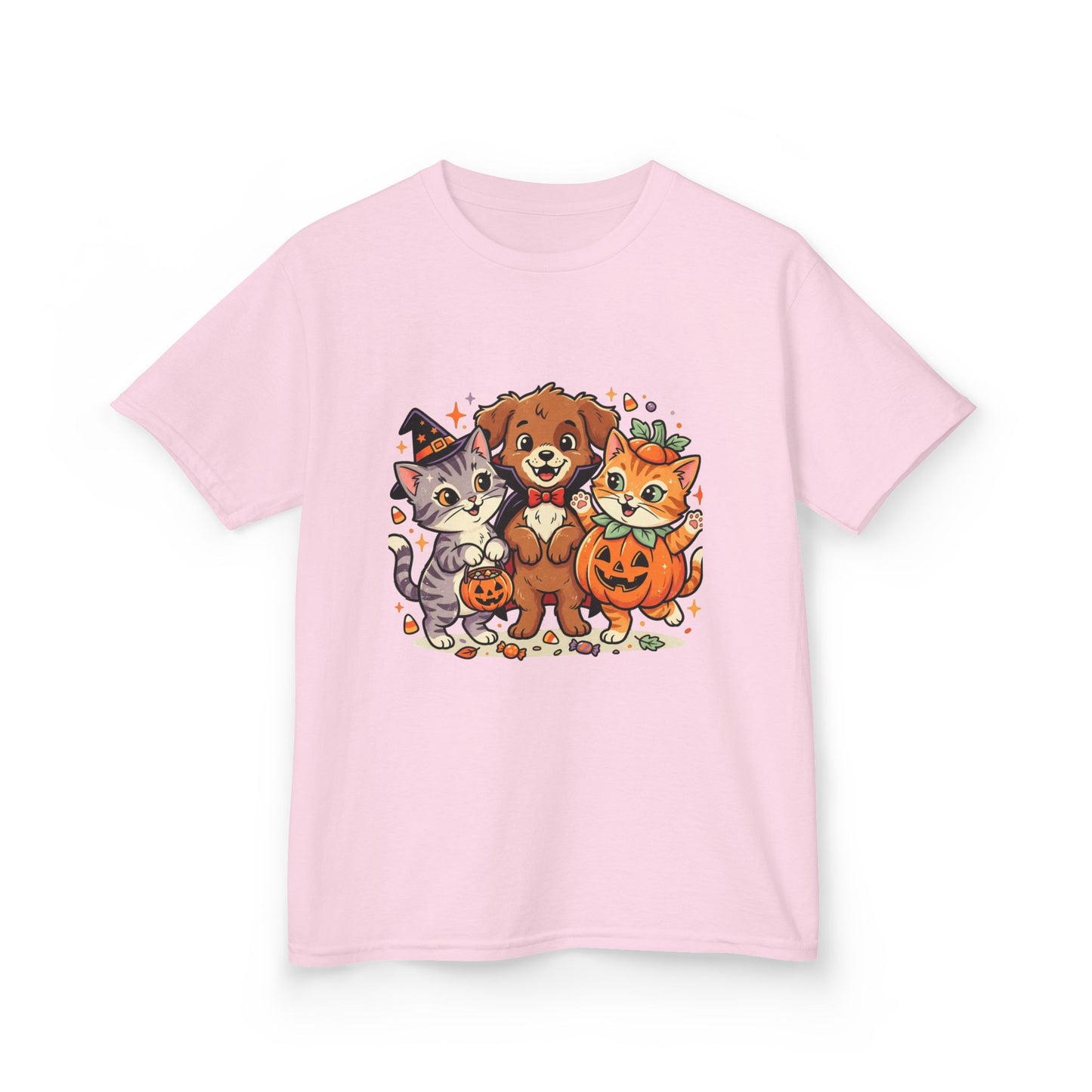 Kids Halloween Pets T‑Shirt — Cute Puppy, Cat & Pumpkin Costume Tee
