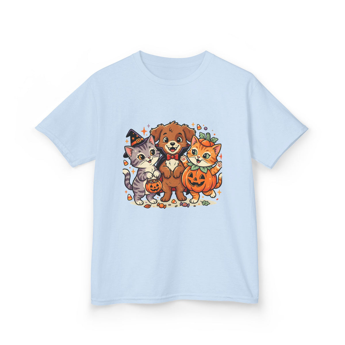 Kids Halloween Pets T‑Shirt — Cute Puppy, Cat & Pumpkin Costume Tee