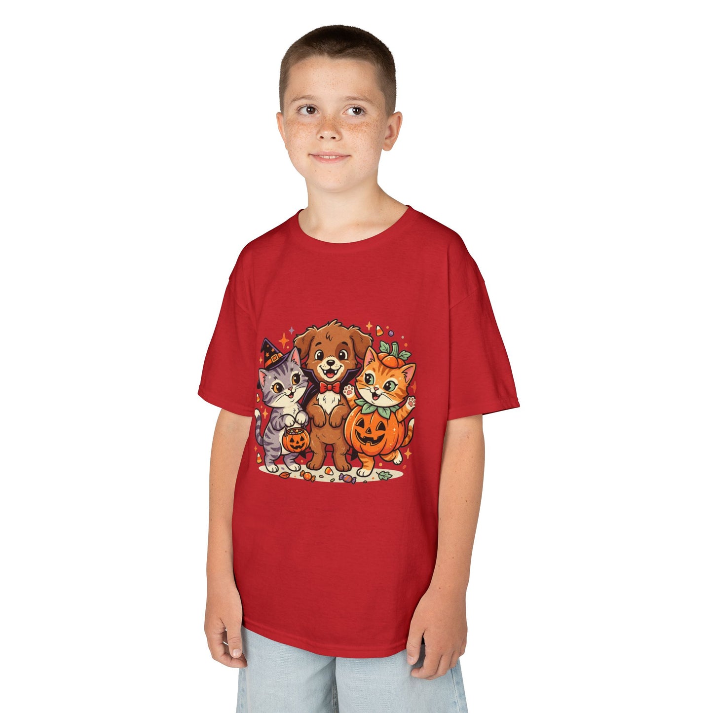 Kids Halloween Pets T‑Shirt — Cute Puppy, Cat & Pumpkin Costume Tee