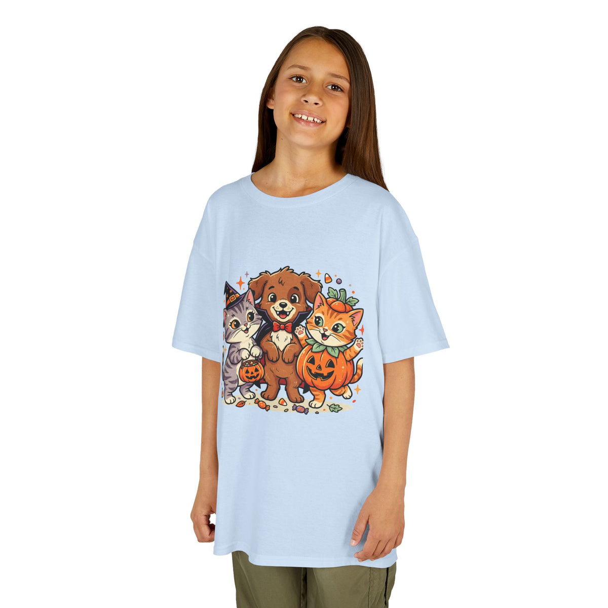 Kids Halloween Pets T‑Shirt — Cute Puppy, Cat & Pumpkin Costume Tee