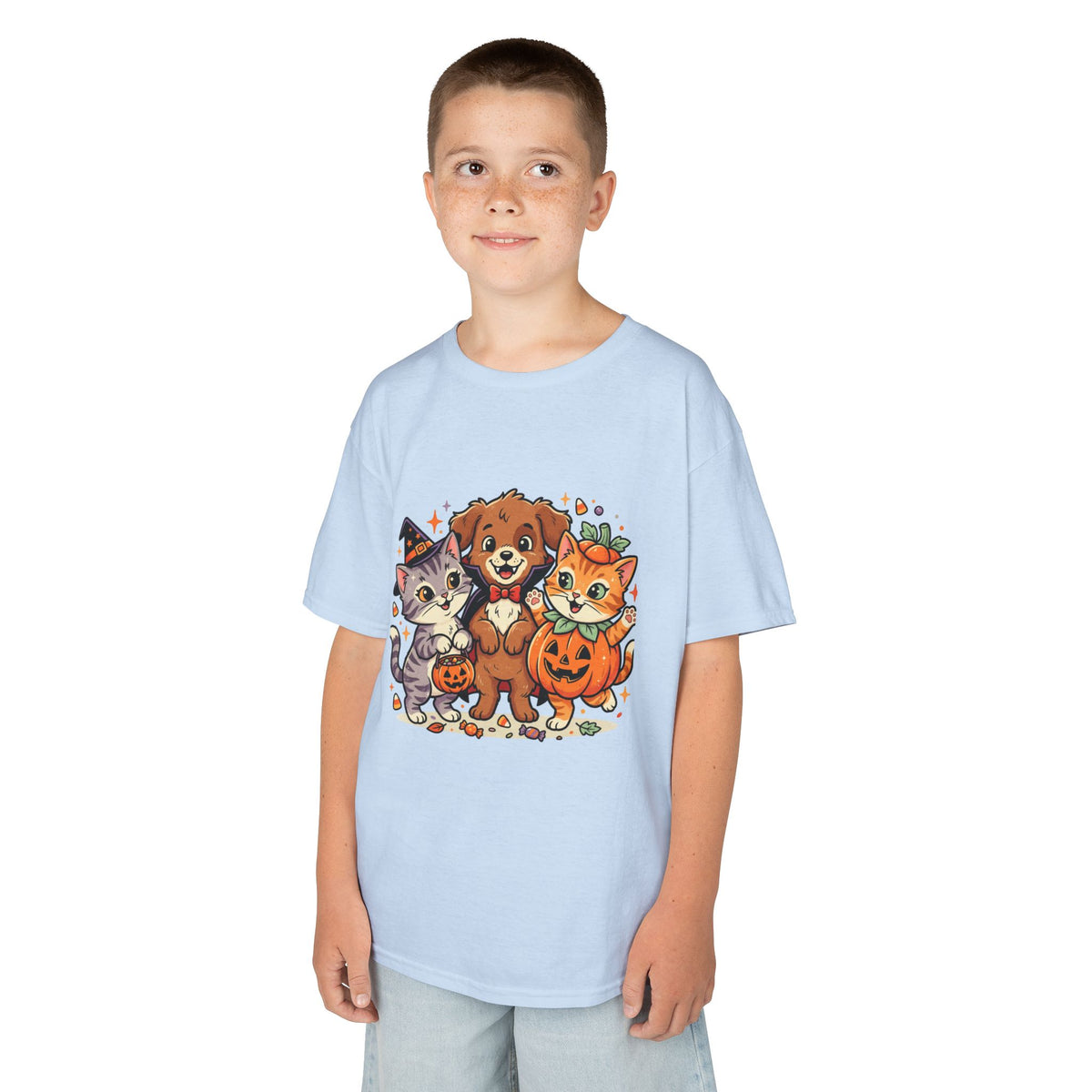 Kids Halloween Pets T‑Shirt — Cute Puppy, Cat & Pumpkin Costume Tee