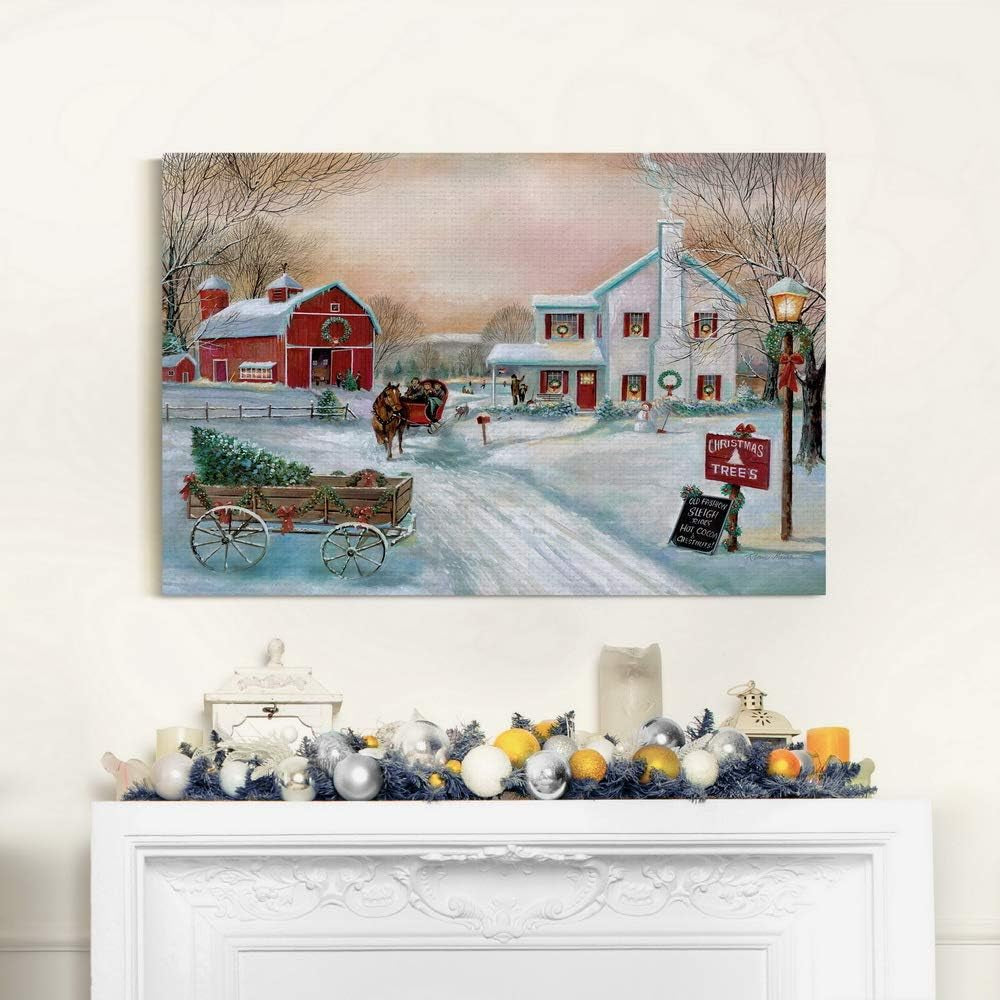 Red Barn Christmas Canvas: Winter Farm Decor Art