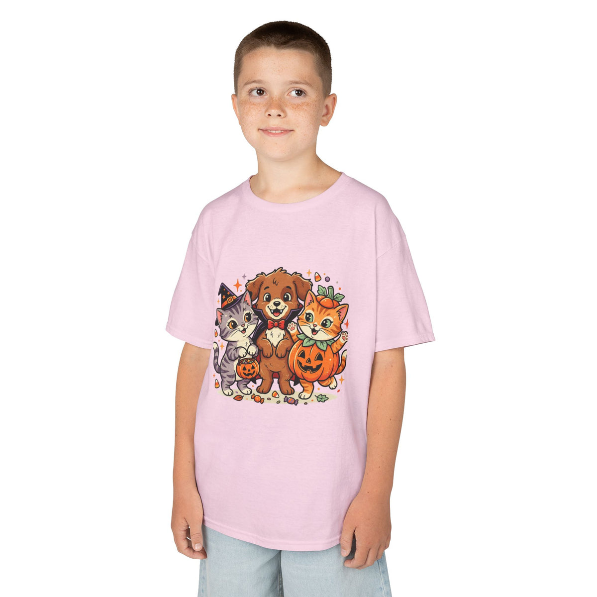Kids Halloween Pets T‑Shirt — Cute Puppy, Cat & Pumpkin Costume Tee