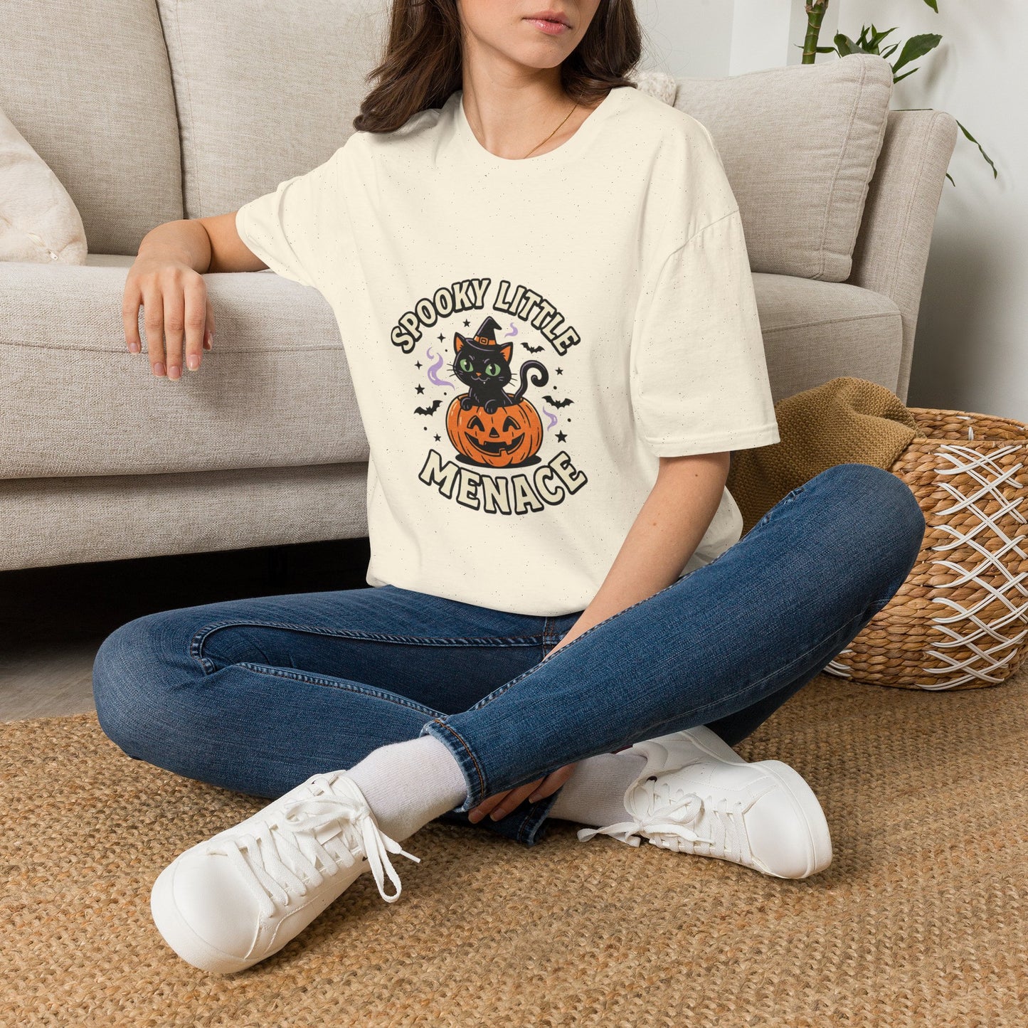 Spooky Little Menace T-Shirt — Cute Halloween Black Cat Pumpkin Tee
