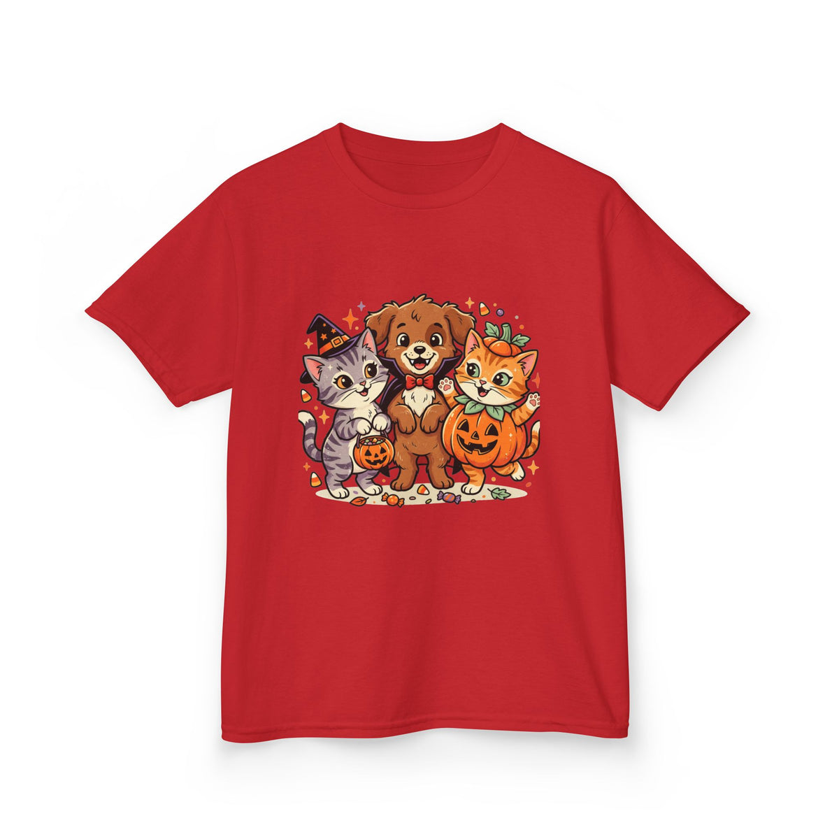 Kids Halloween Pets T‑Shirt — Cute Puppy, Cat & Pumpkin Costume Tee
