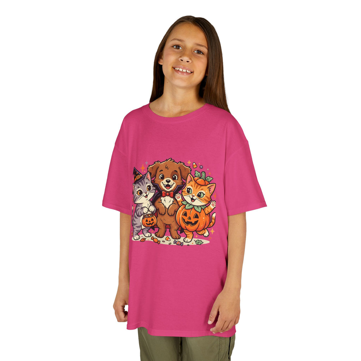 Kids Halloween Pets T‑Shirt — Cute Puppy, Cat & Pumpkin Costume Tee