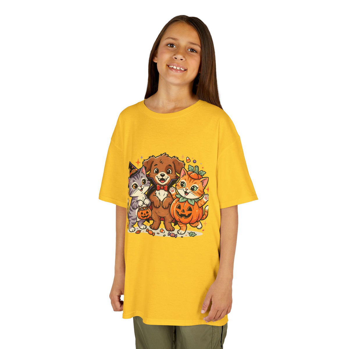 Kids Halloween Pets T‑Shirt — Cute Puppy, Cat & Pumpkin Costume Tee