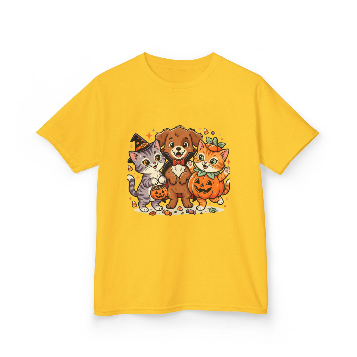 Kids Halloween Pets T‑Shirt — Cute Puppy, Cat & Pumpkin Costume Tee