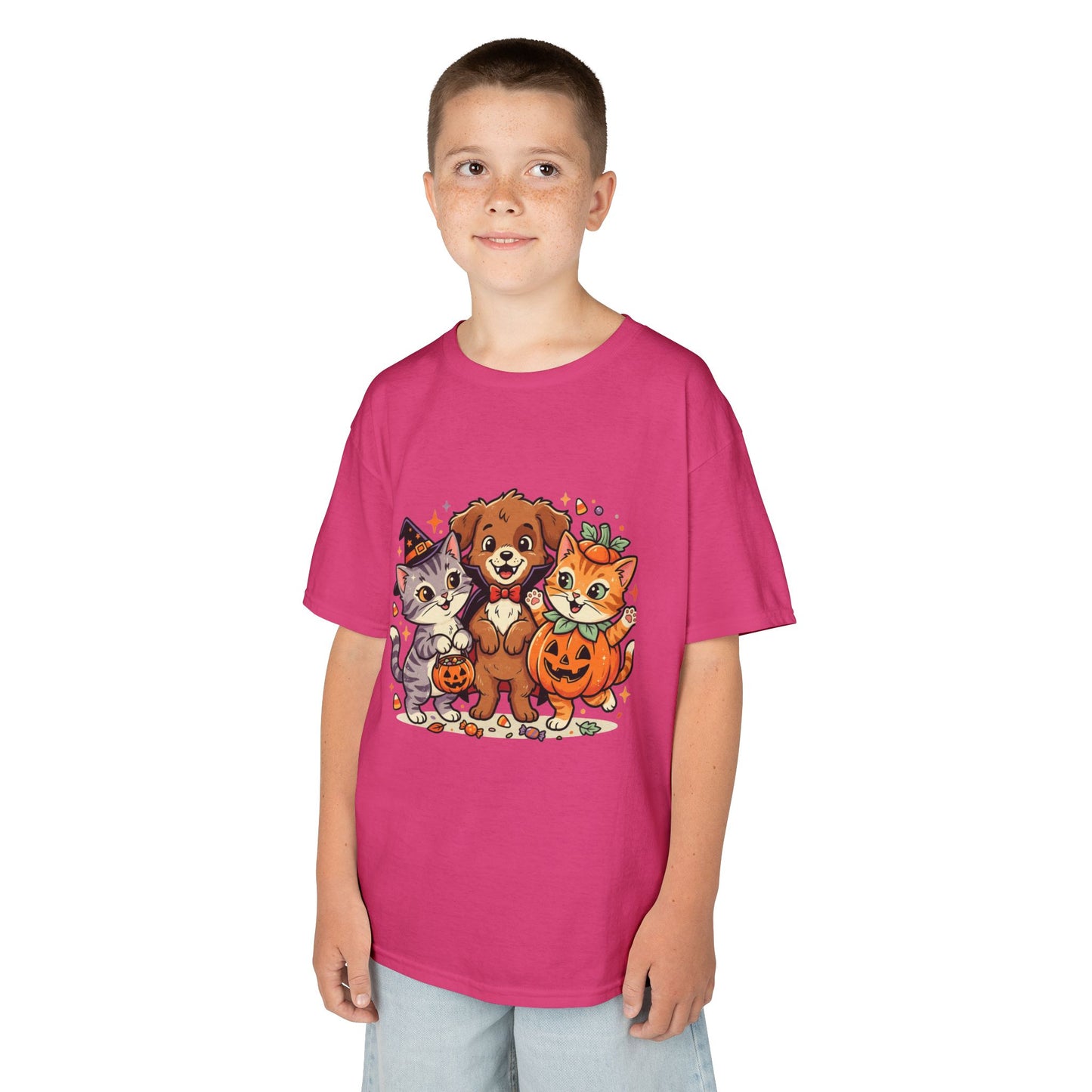 Kids Halloween Pets T‑Shirt — Cute Puppy, Cat & Pumpkin Costume Tee