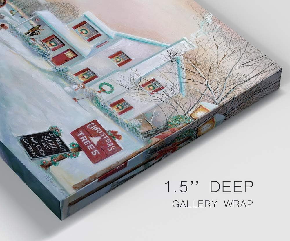 Red Barn Christmas Canvas: Winter Farm Decor Art