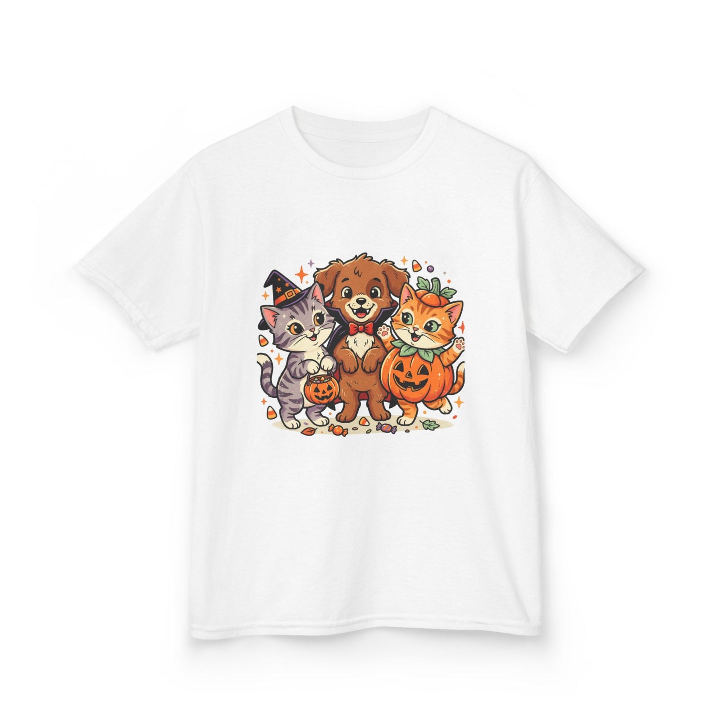 Kids Halloween Pets T‑Shirt — Cute Puppy, Cat & Pumpkin Costume Tee