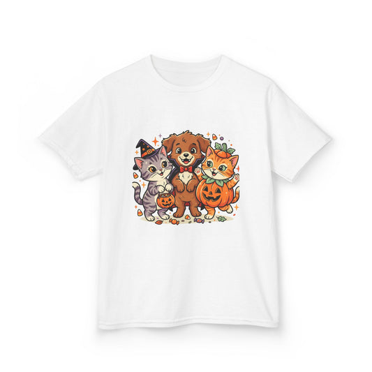 Kids Halloween Pets T‑Shirt — Cute Puppy, Cat & Pumpkin Costume Tee