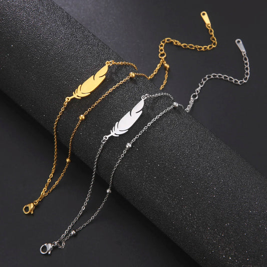 Simple Feather Stainless Steel Double Layer Bead Chain Ankle Anklets