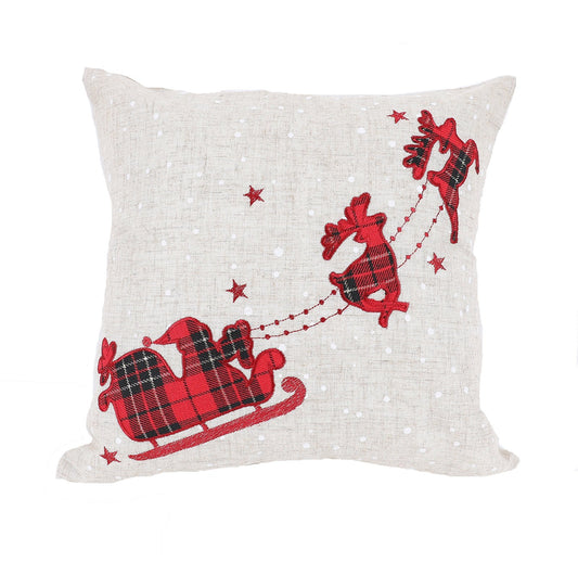 XD19881-Applique Tartan Santa Sleigh With Reindeers Christmas Pillow