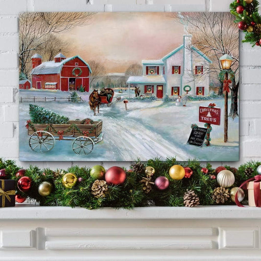 Red Barn Christmas Canvas: Winter Farm Decor Art